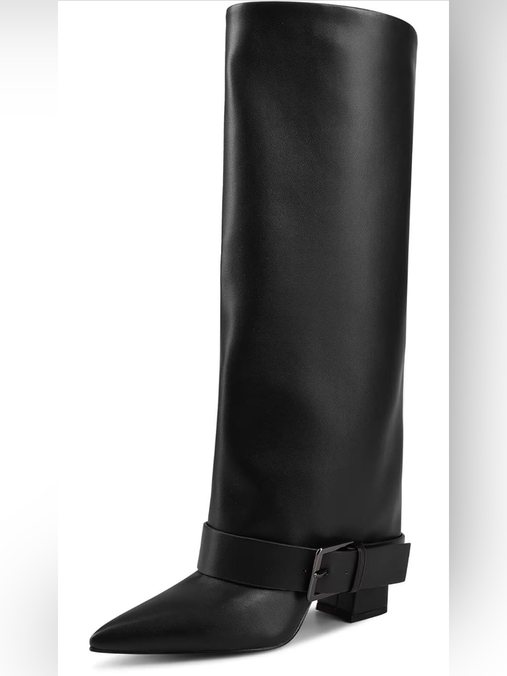 Black Leather Knee-High Pointed Toe Boot With Buckle
